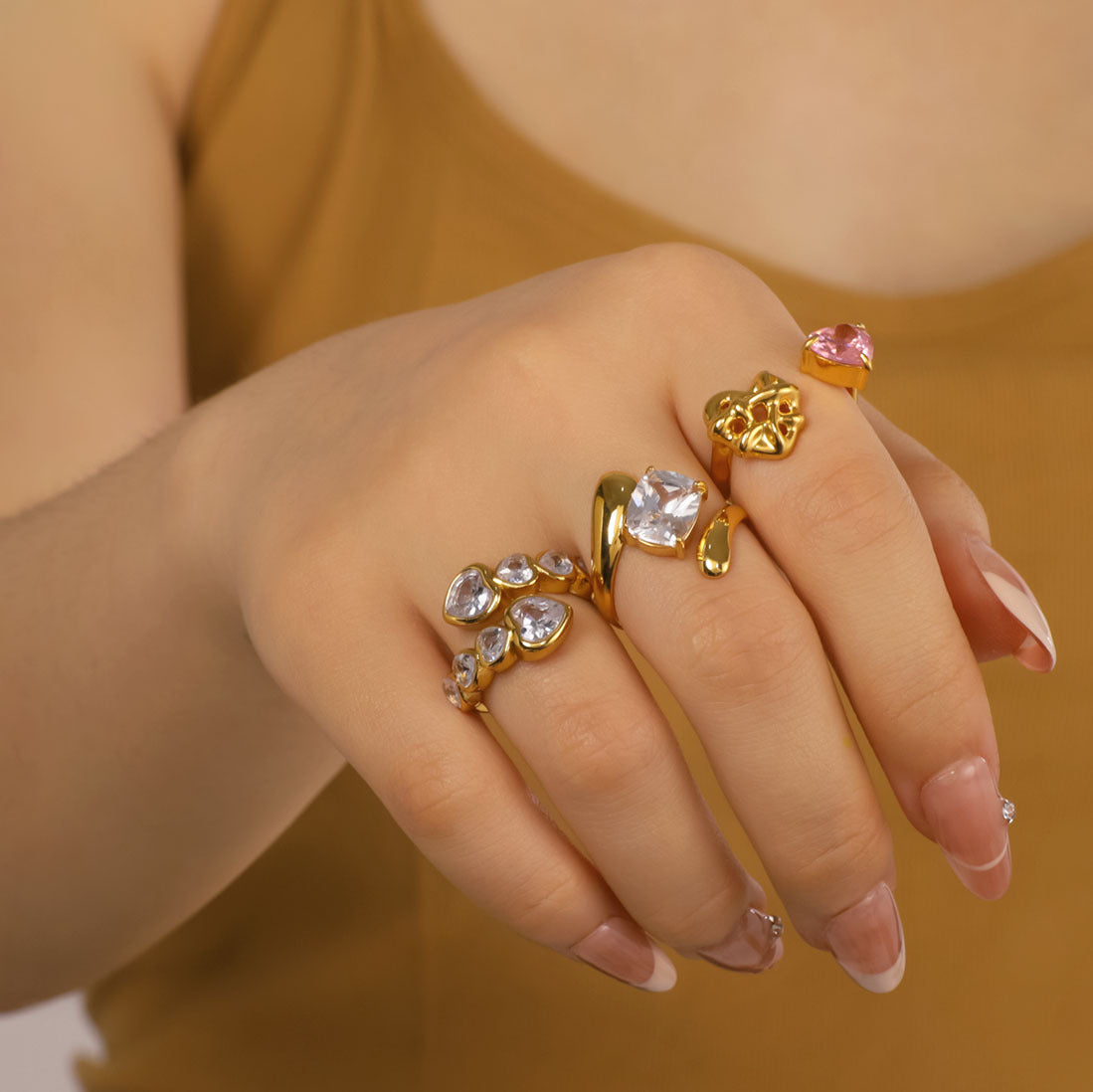 Retro Design Shiny Zircon Ring Stainless Steel Ring Open Personality Niche Jewelry