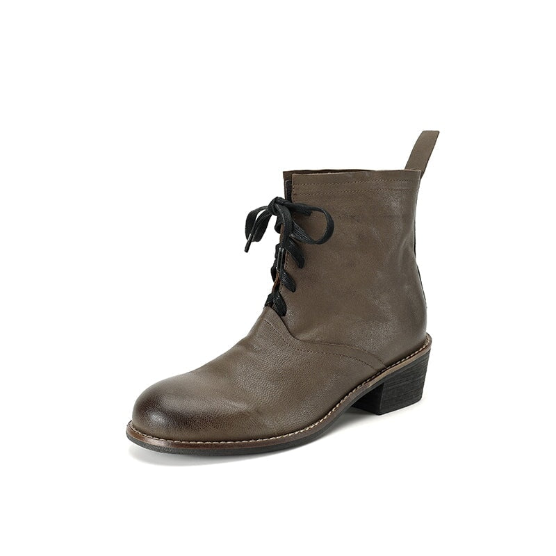 Retro Sheepskin Lace-Up Ankle Boots 40mm Block Heel Martens Boots Grey/Black/Encore Red