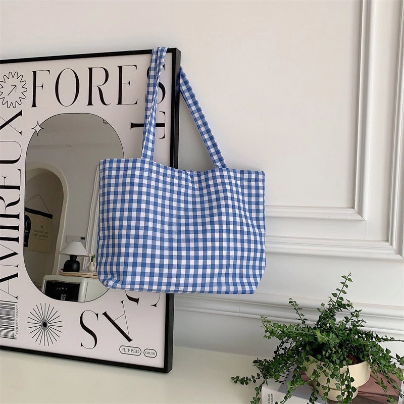 Large Capacity Plaid Canvas Bag Shopping Bag Student Shoulder Handbag Vintage Tote Bag