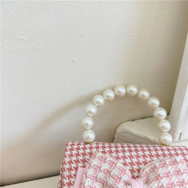 Girl's Pu Leather Houndstooth Bow Knot Cute Pearls Sewing Thread Square Magnetic Buckle Handbag