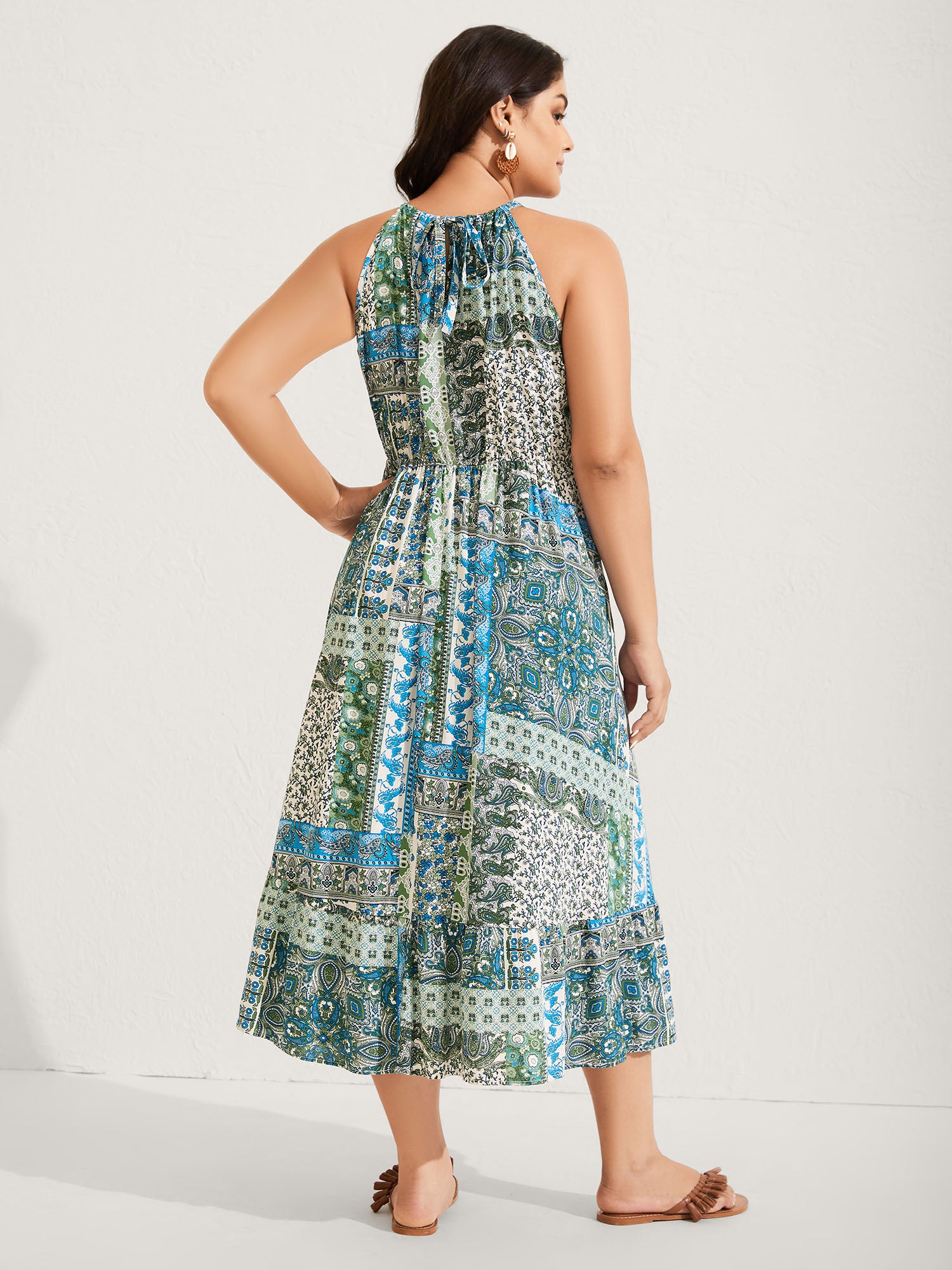 Boho Print Halter Neck Pockets Midi Dress