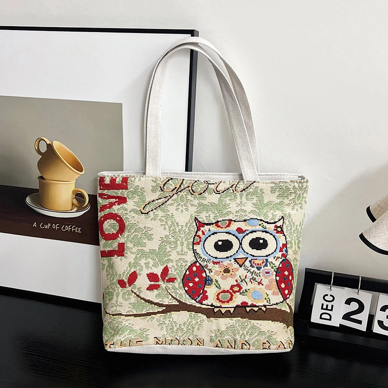 Women's Canvas Owl Classic Style Sewing Thread Square Open Tote Bag