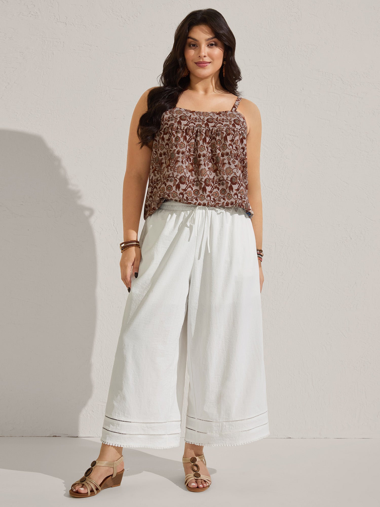 Lace Trim Wide-Leg Tie Pants