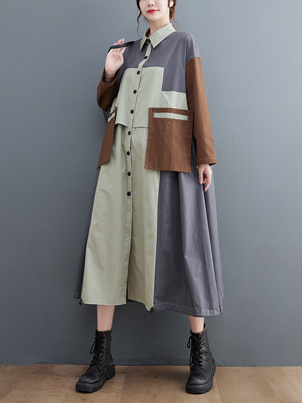 Vintage Loose Long Sleeves Contrast Color Polo Midi Dresses