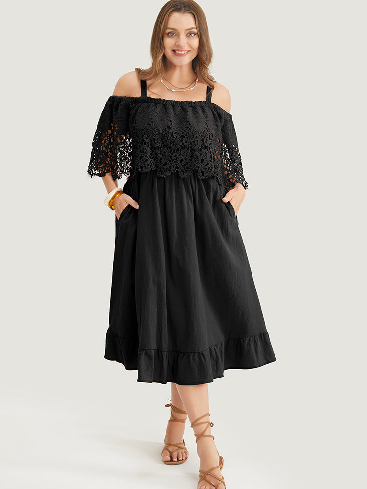 Solid Cold Shoulder Contrast Lace Pocket Ruffle Hem Dress