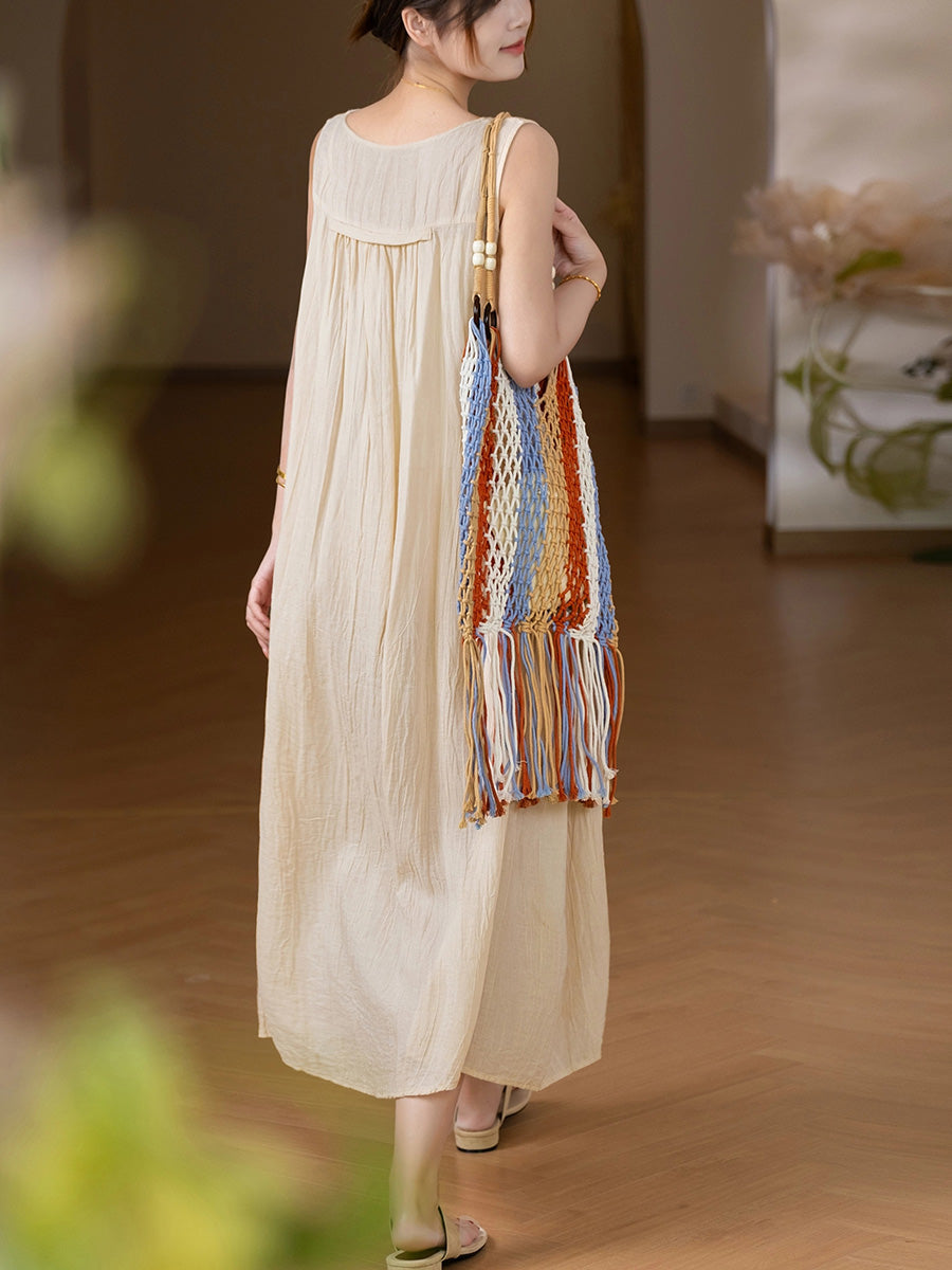 Women Summer Artsy Pure Color O-Neck Ramie Vest Dress