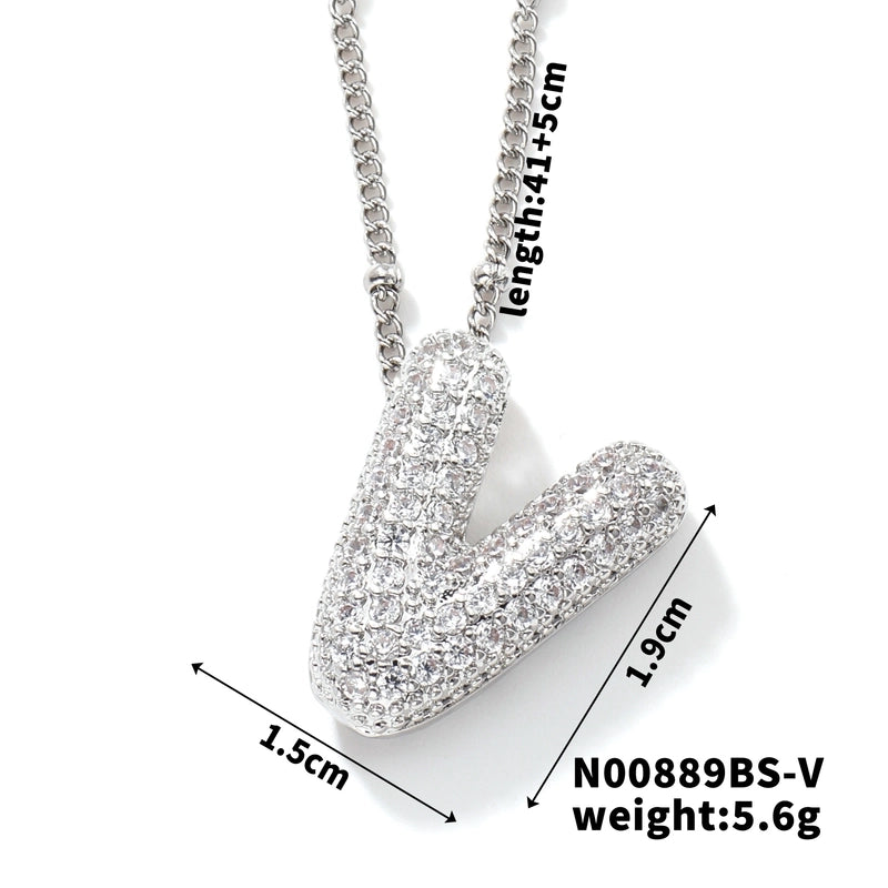 304 Stainless Steel Copper Rhodium Plated Three-dimensional Inlay Letter Zircon Pendant Necklace