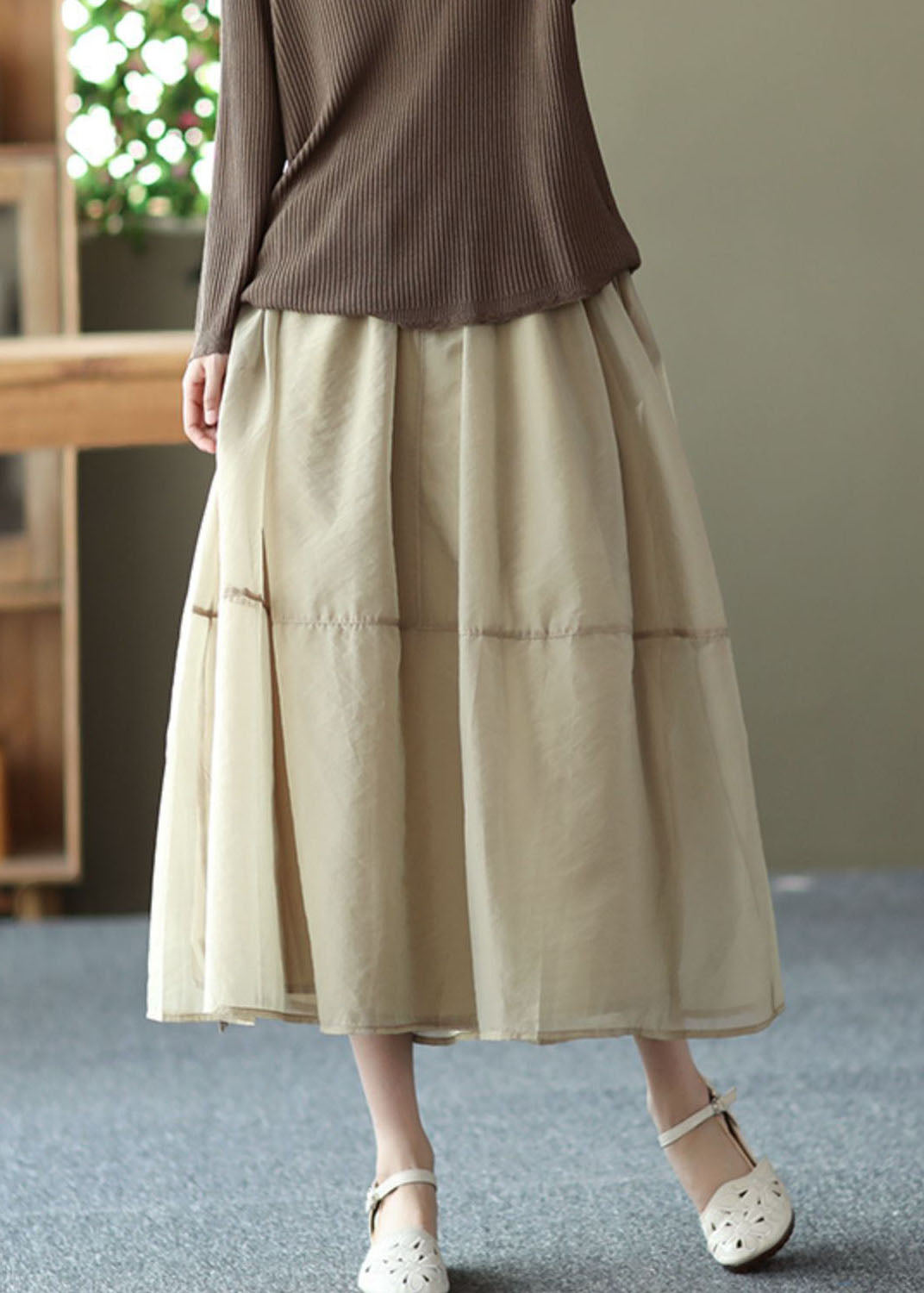 Milk Tea Color Solid Pockets Tulle A Line Skirt Summer