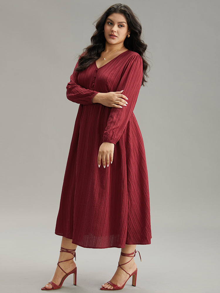 Solid Plisse Button Detail Shirred Dress