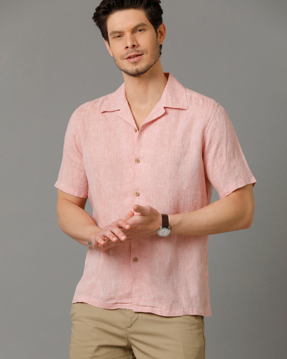 Mens Regular Fit Solid Red Casual Linen Shirt (LANE)