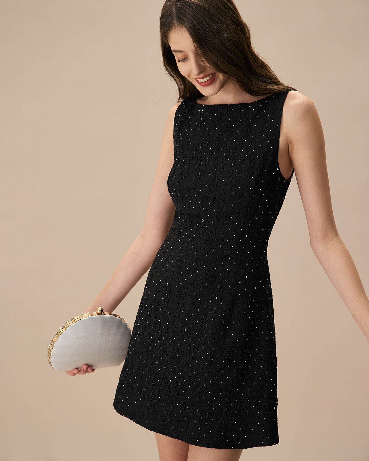 The Black Boat Neck Textured Mini Dress