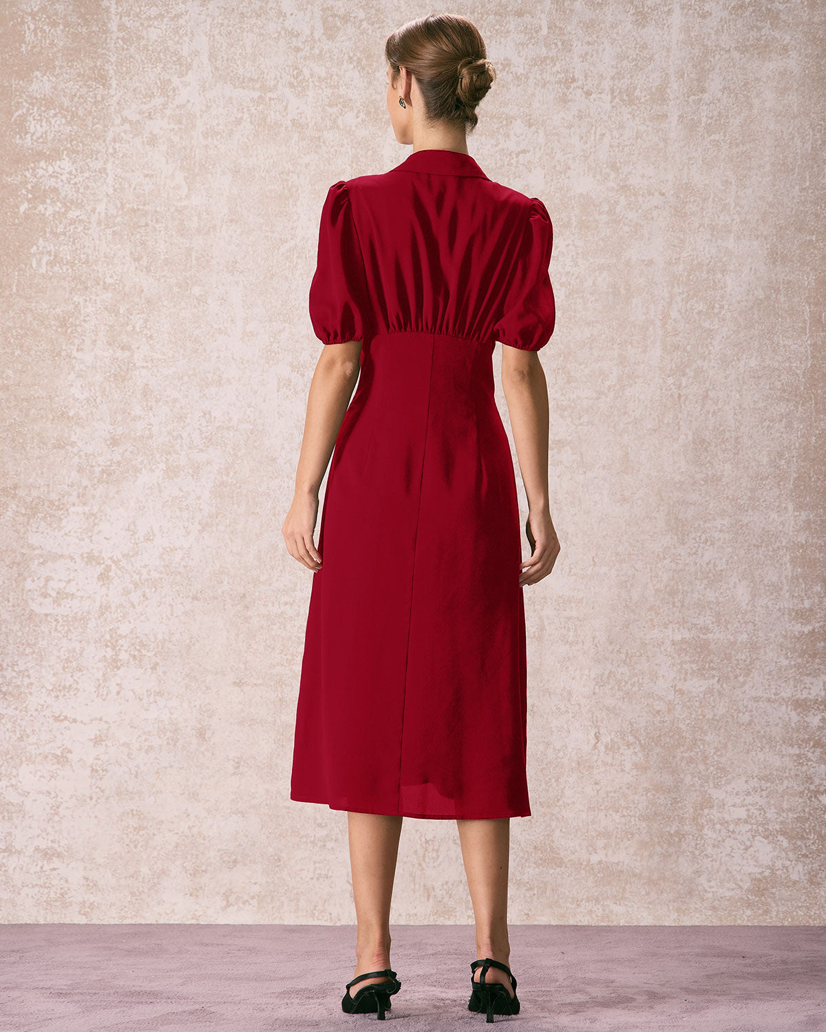 The Red Lapel Button Puff Sleeve Midi Dress