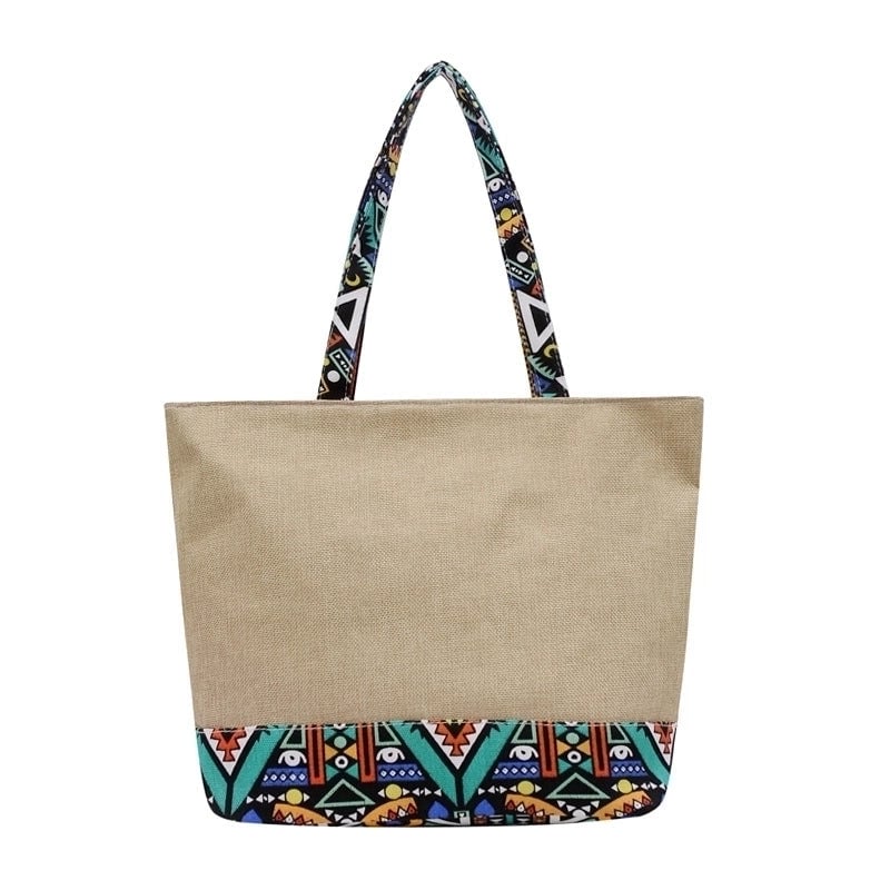 Women's Large Cotton And Linen Geometric Ethnic Style Zipper Tote Bag