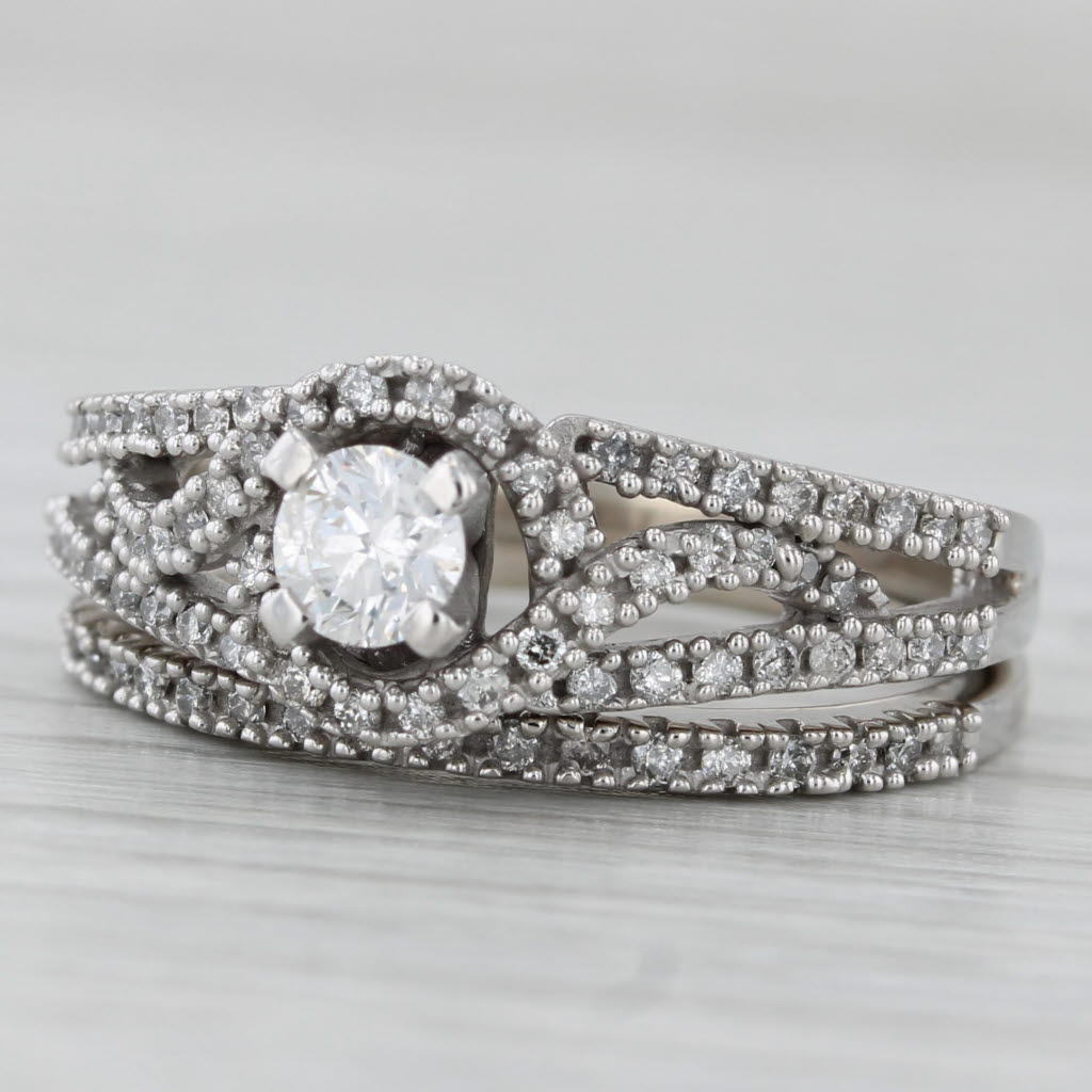 0.57ctw Diamond Halo Engagement Ring Wedding Band Bridal Set 10k White Gold