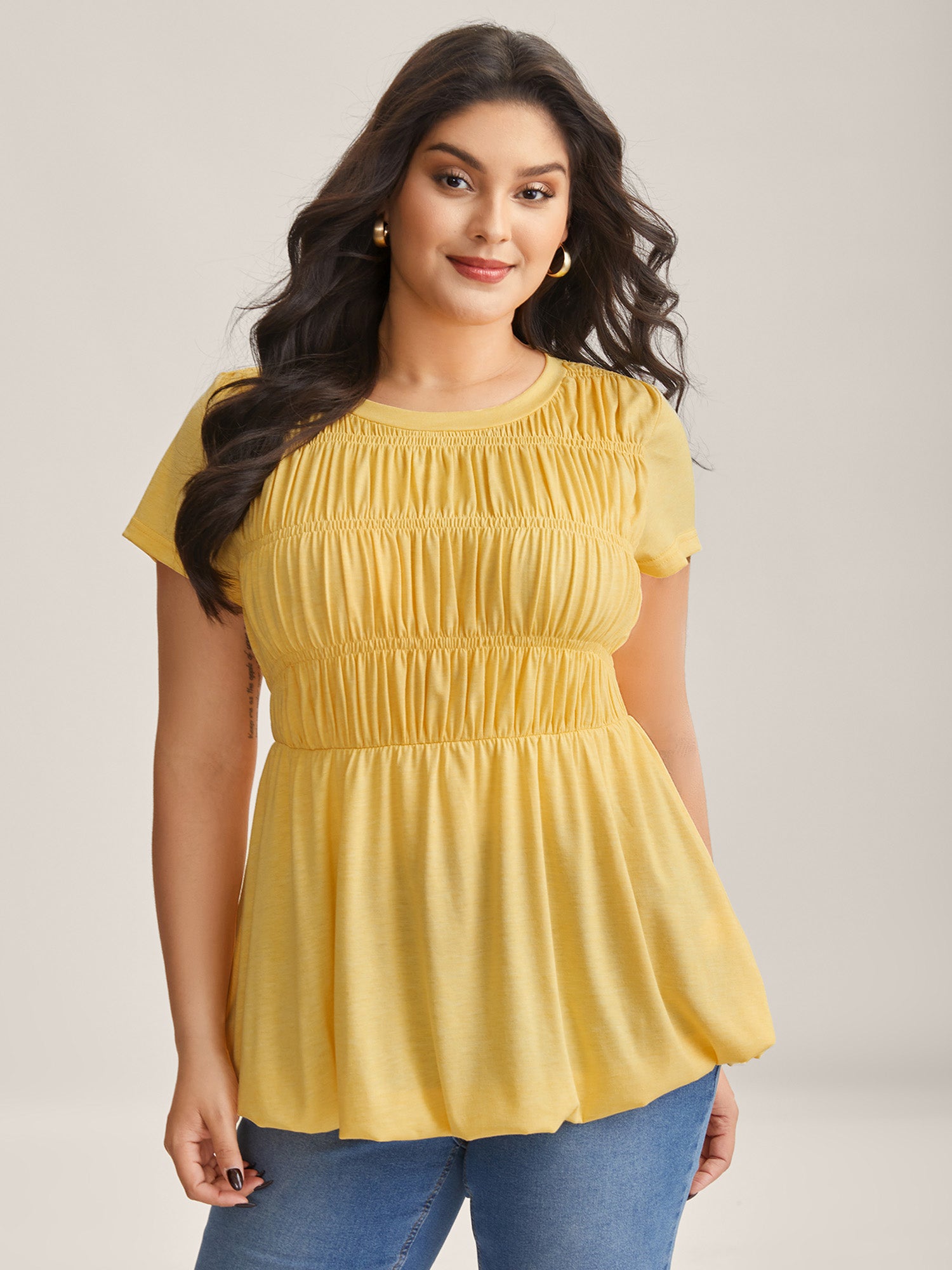 Shirred Pleated Plain Knit Top