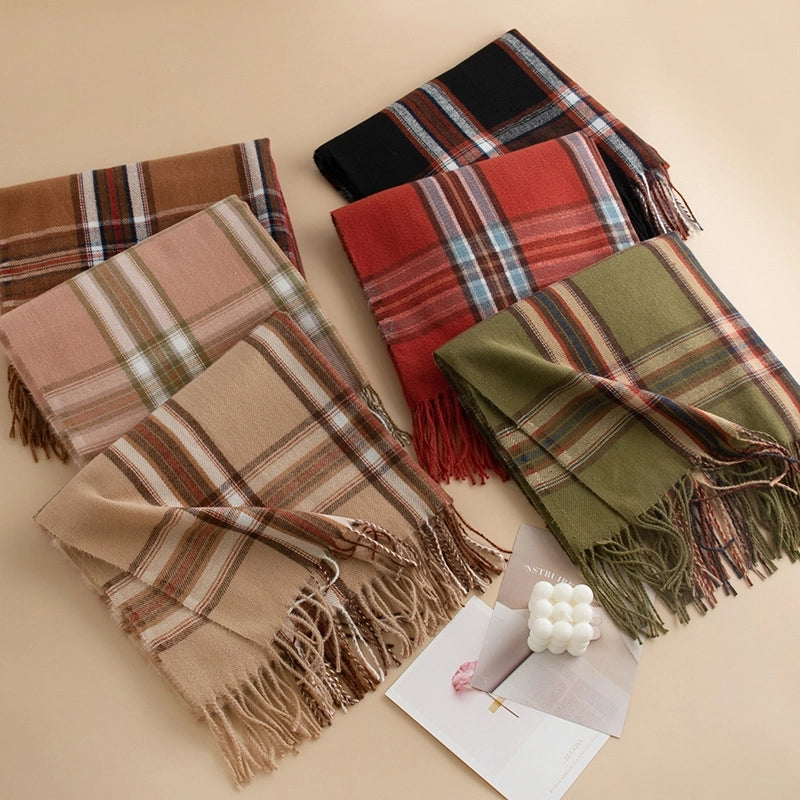 New Retro British Style Cashmere-like Tassel Scarf Women's Fashionable Commuter Cold-proof Warm Scarf Shawl