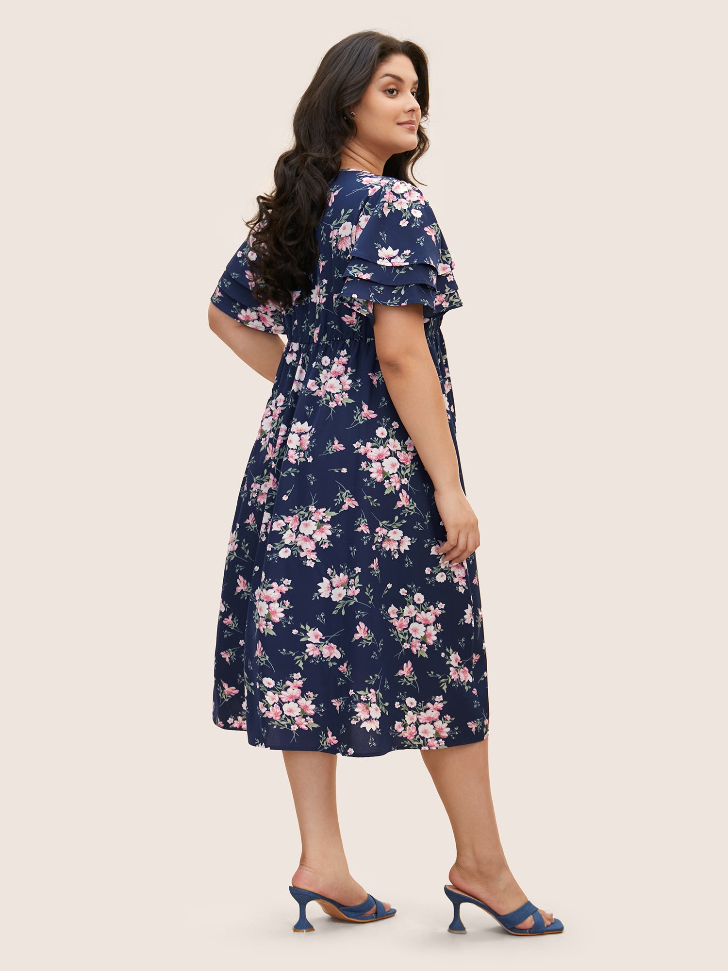 Floral Elastic Waist Tiered Ruffle Sleeve Dress