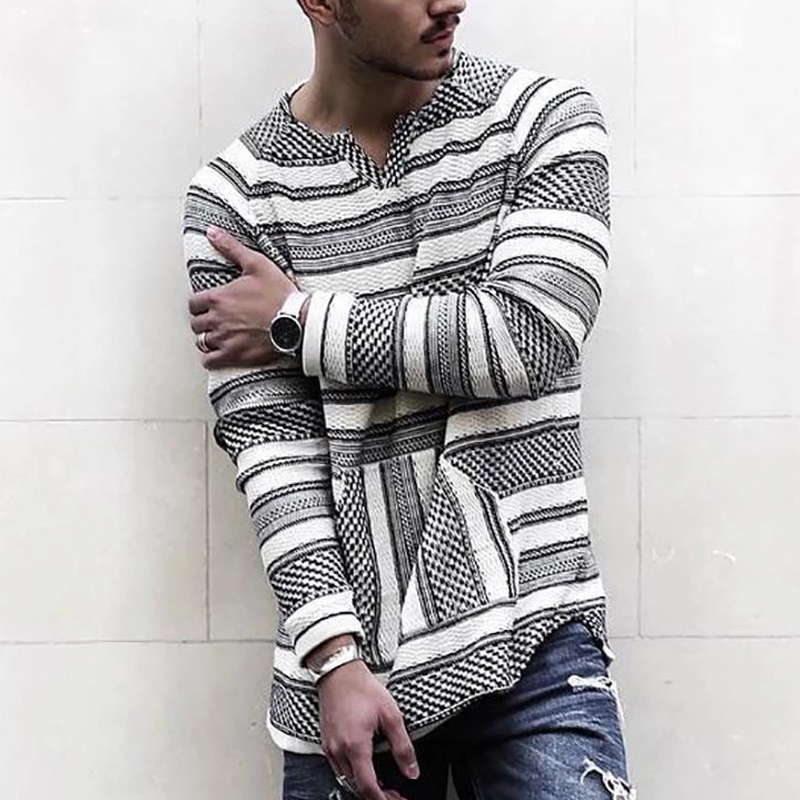 Casual Collarless Loose Simple Casual V-Neck Long-Sleeved Striped T-Shirt