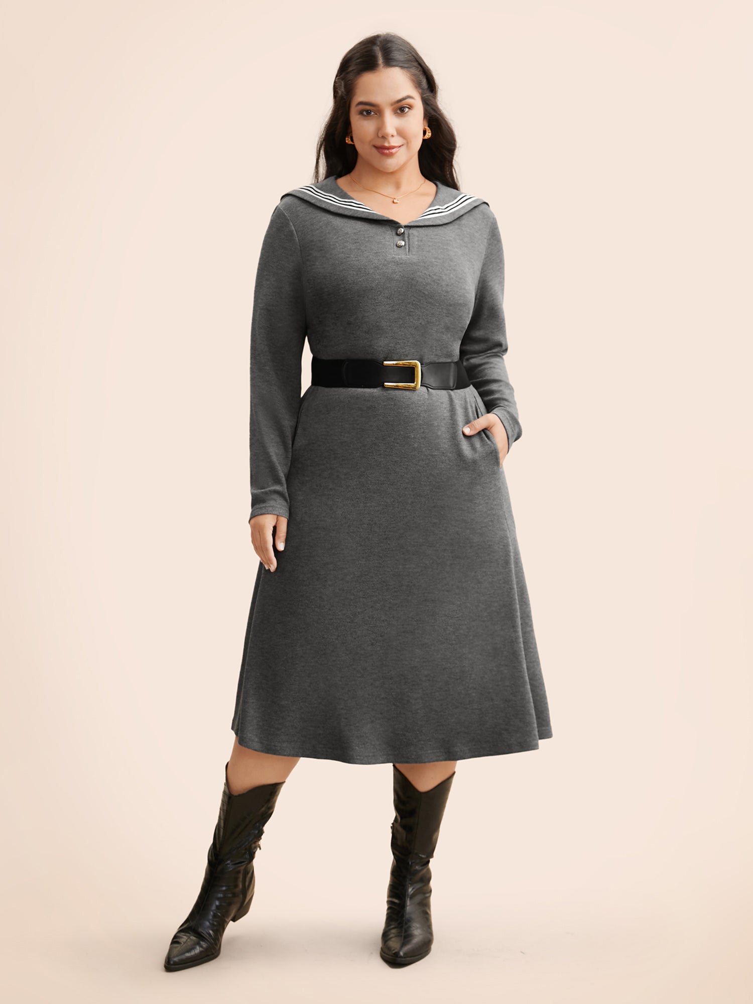 Sailor Collar Contrast Button Up Dress