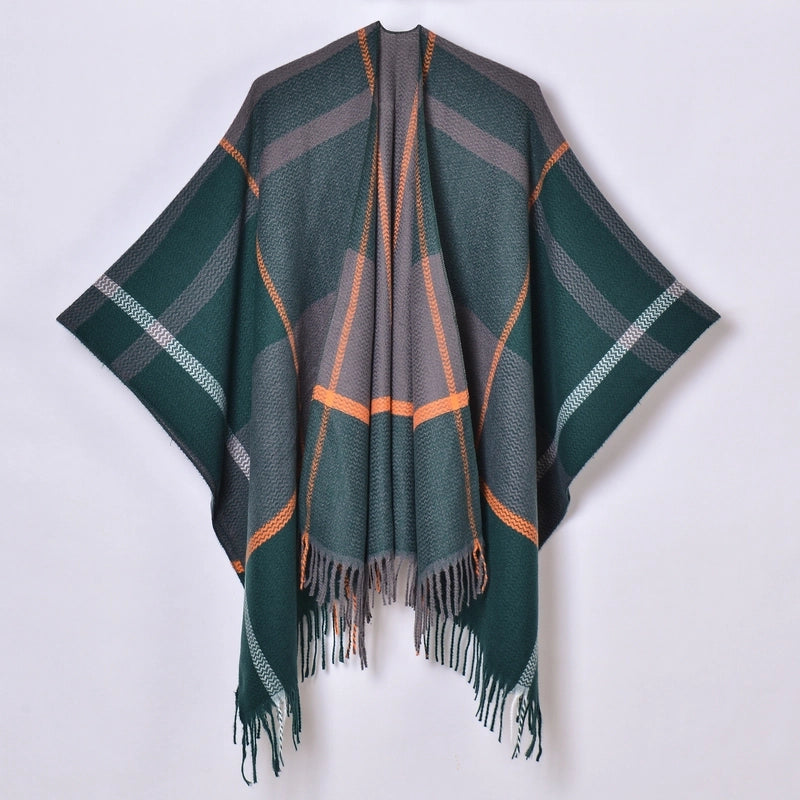 New Tassel Split Shawl Autumn And Winter Women's Simple Plaid Jacquard Scarf Cloak Hot Selling