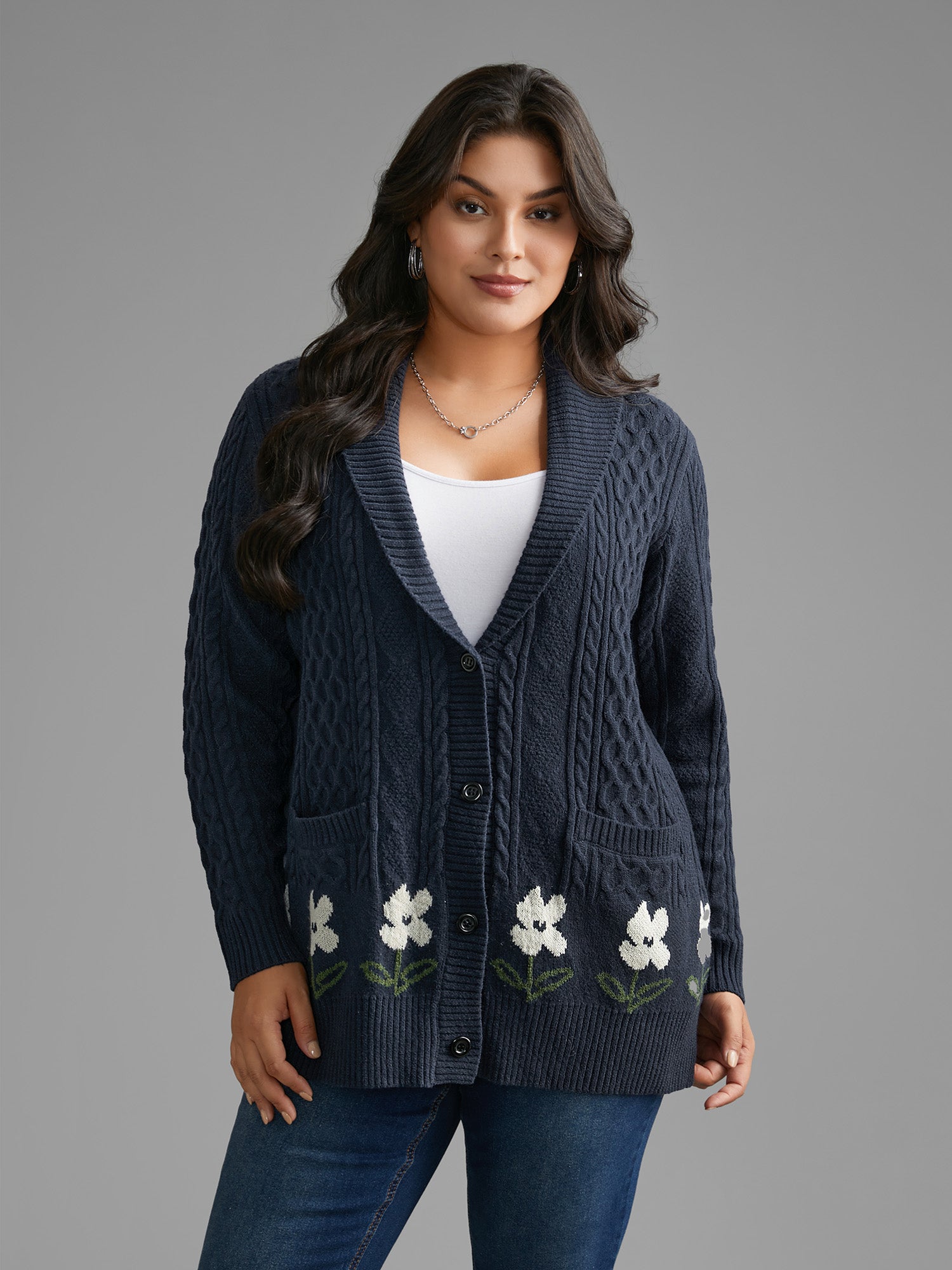 Floral Jacquard Cable Knit Pocket Cardigan