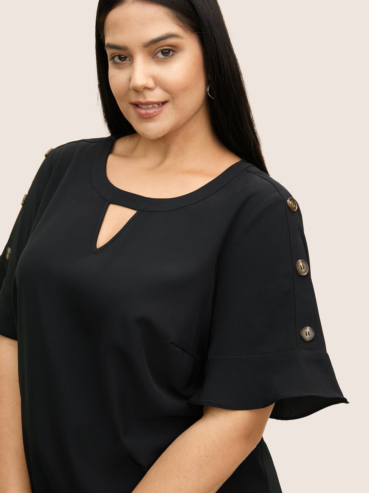 Solid Cut Out Ruffles Button Detail Blouse