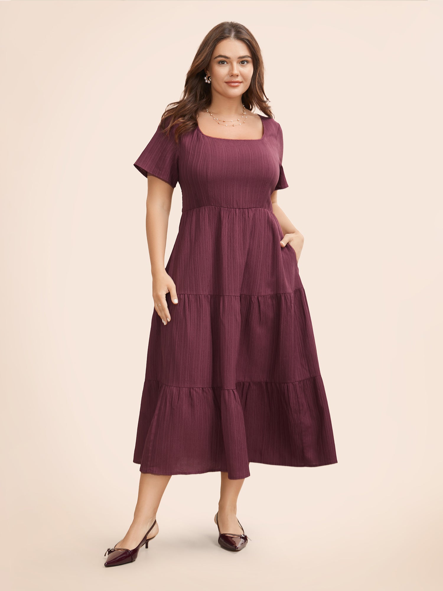 Square Neck Texture Ruffle Layered Hem Dress