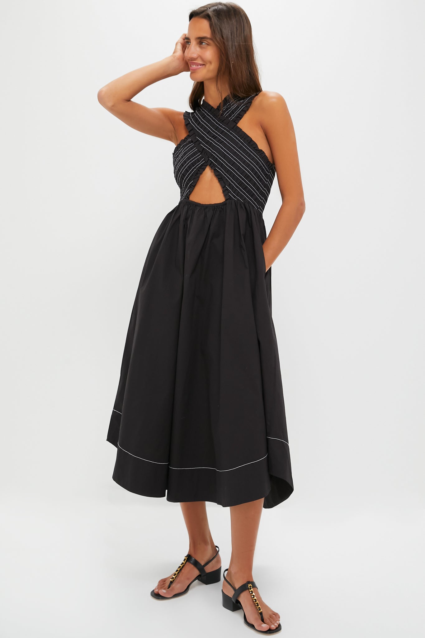 Black Washed Stretch Cotton Smock Midi Dress