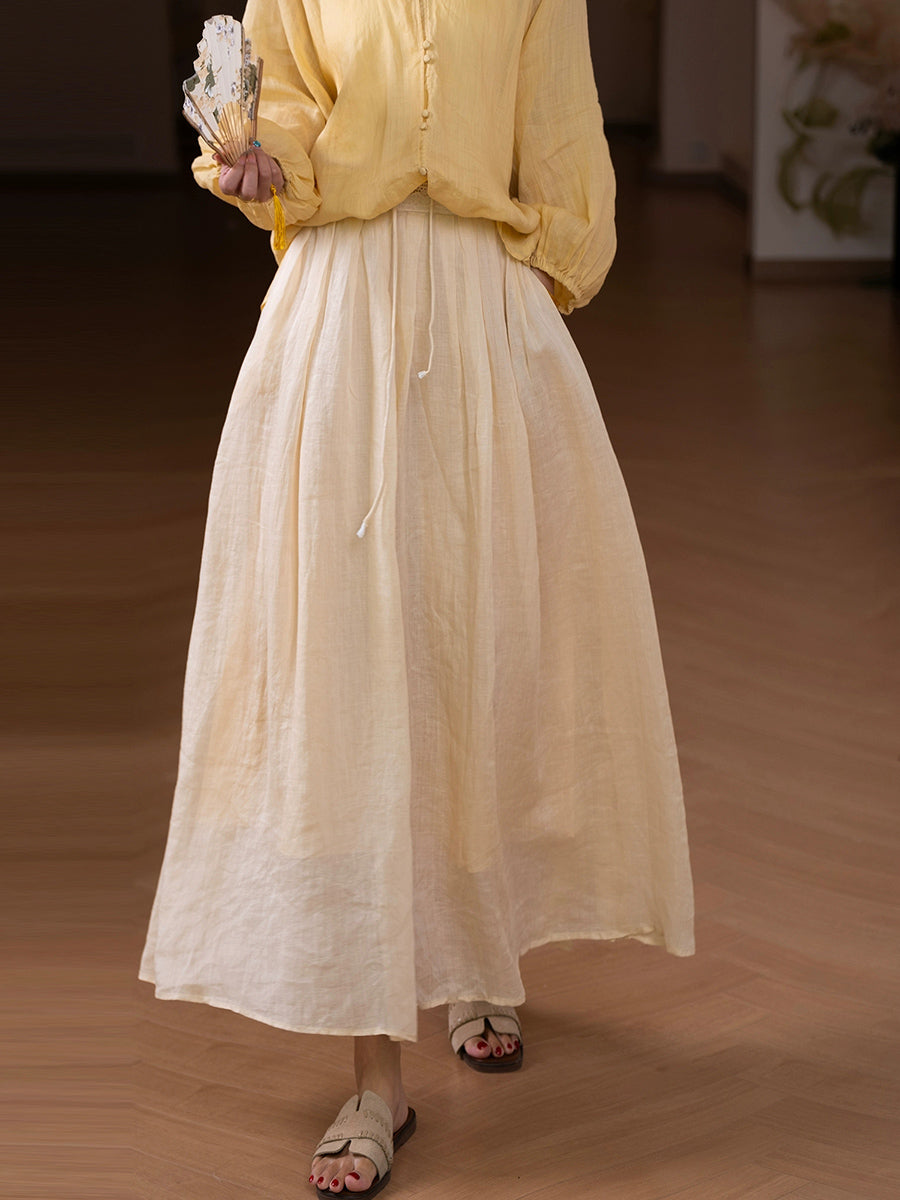 Women Summer Artsy Pure Color A-Shape 100%Ramie Skirt