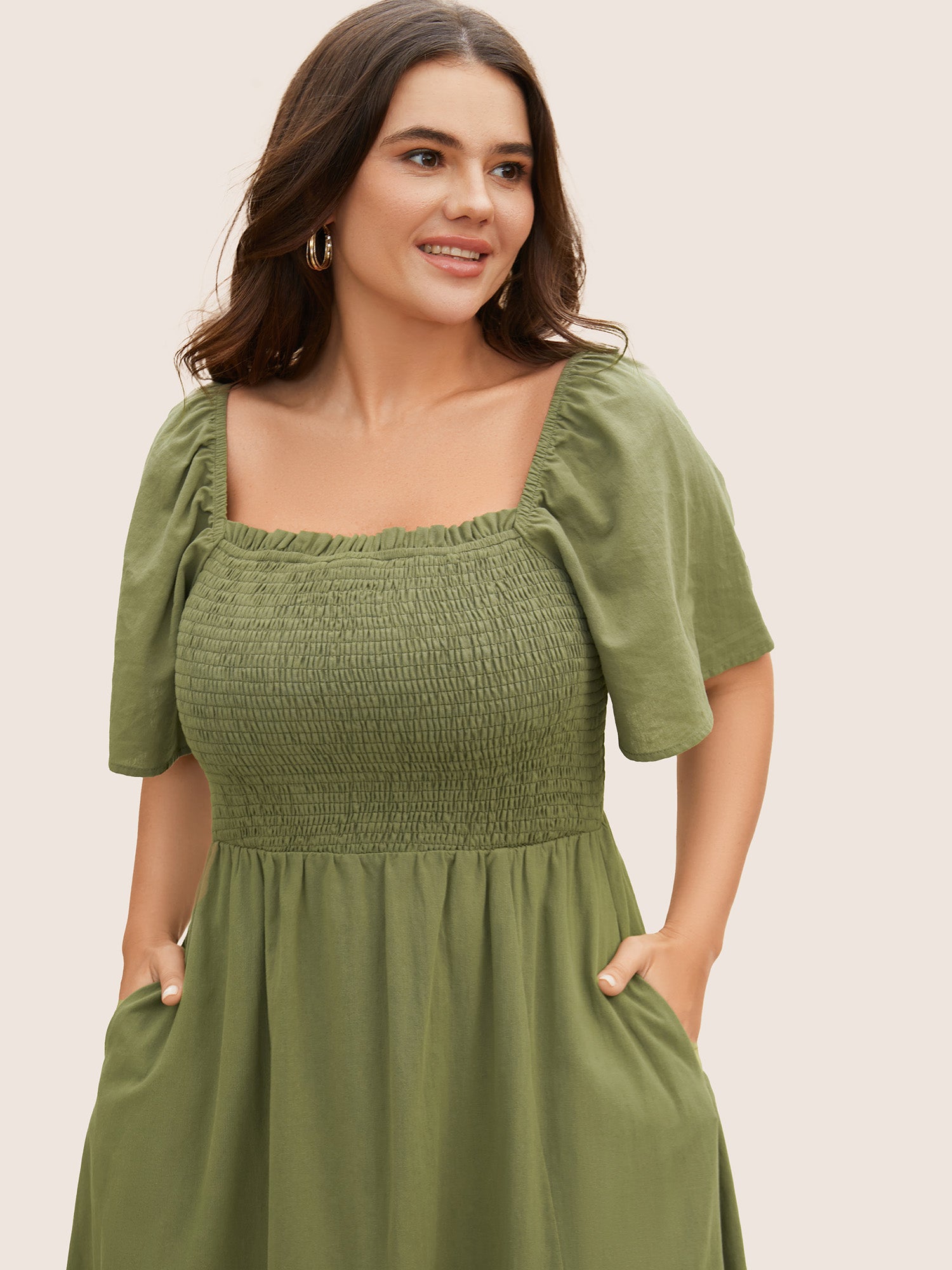 Cotton Square Neck Shirred Ruffle Sleeve Split Hem Dress