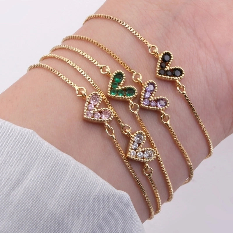 2 Pieces Romantic Minimalist Heart Shape Copper Plating Inlay 18k Gold Plated Bracelets