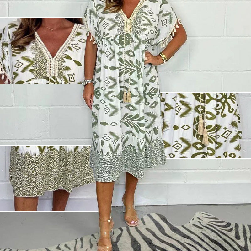 💕Printed Casual Dress With V-Neckline and Fringes on the Short Sleeves