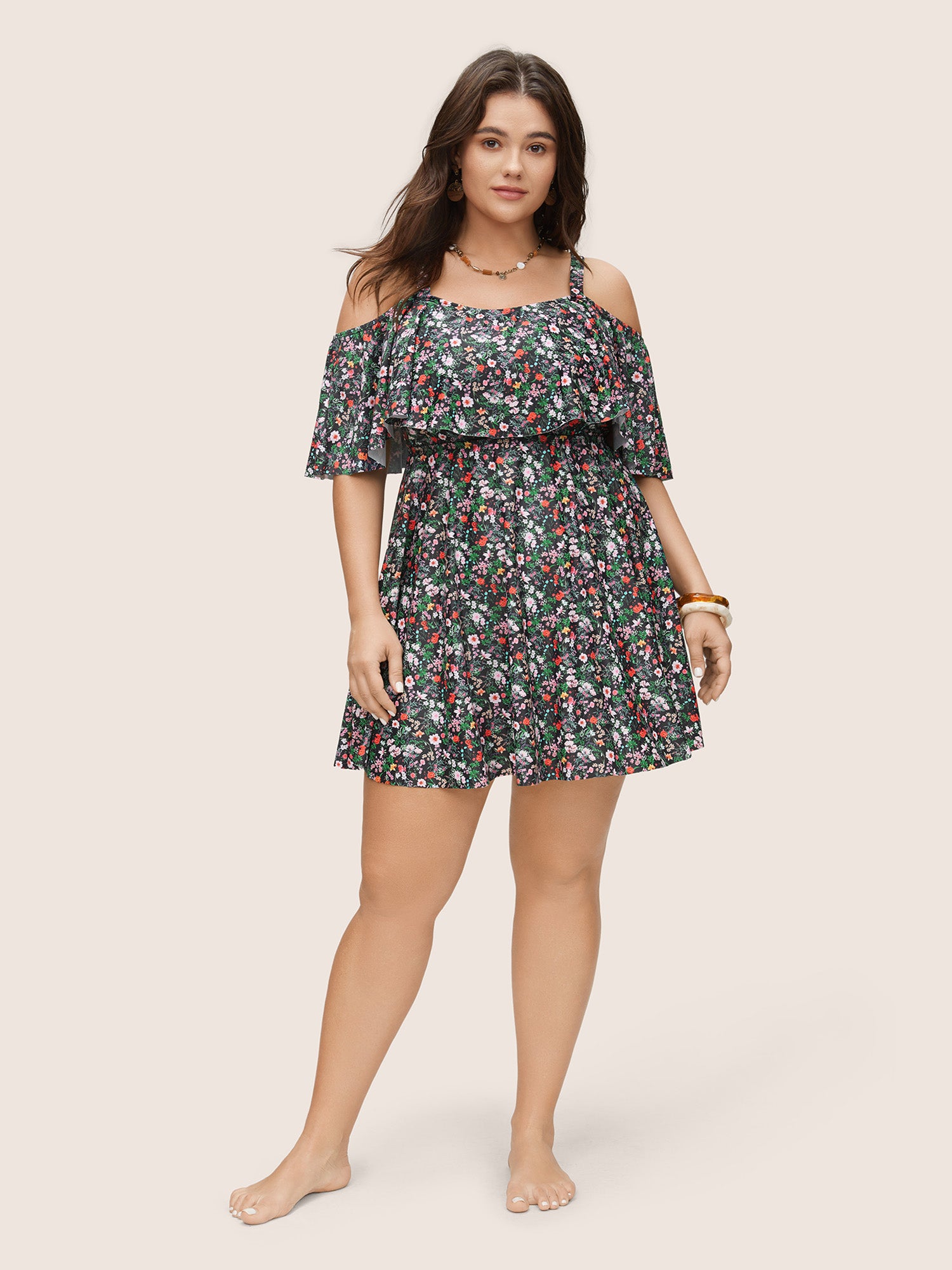 Ditsy Floral Ruffles Cold Shoulder Swim Dress