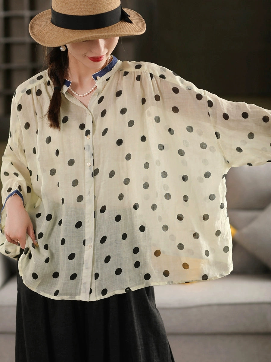 Women Summer Artsy Dot Stand Collar 100%Raime Shirt