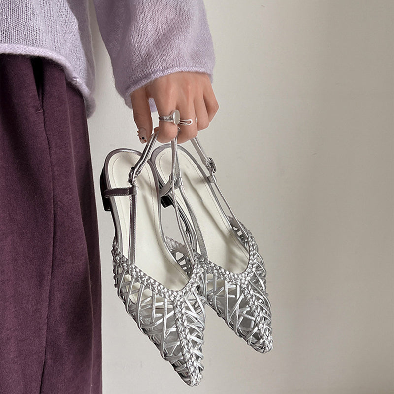 Fashion Woven Pointed Toe Slingback Sandals Breathable Summer Flats in Golden/Silver/Yellow/Light Green