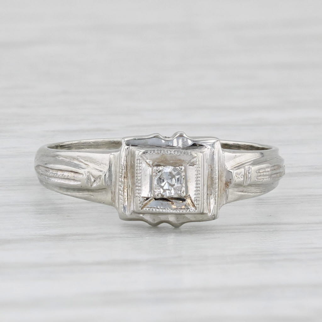 Small Vintage Diamond Solitaire Ring 14k White Gold 2.75 Baby Size