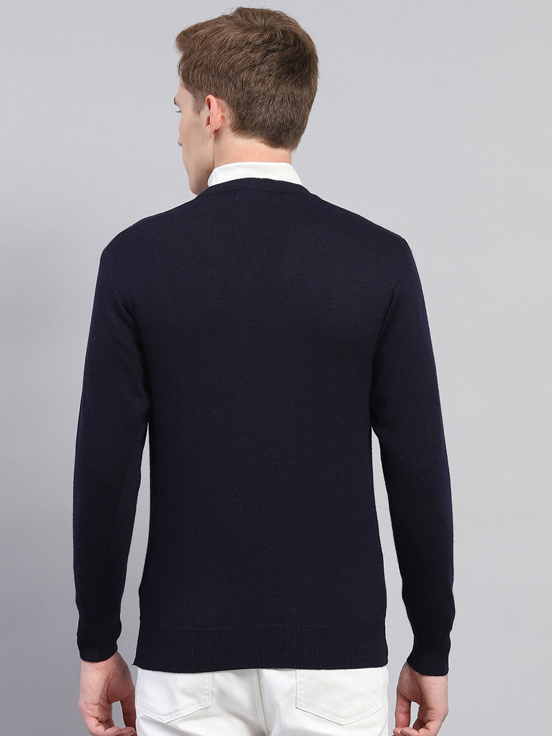 Men Navy Blue Solid V Neck Full Sleeve Pullover