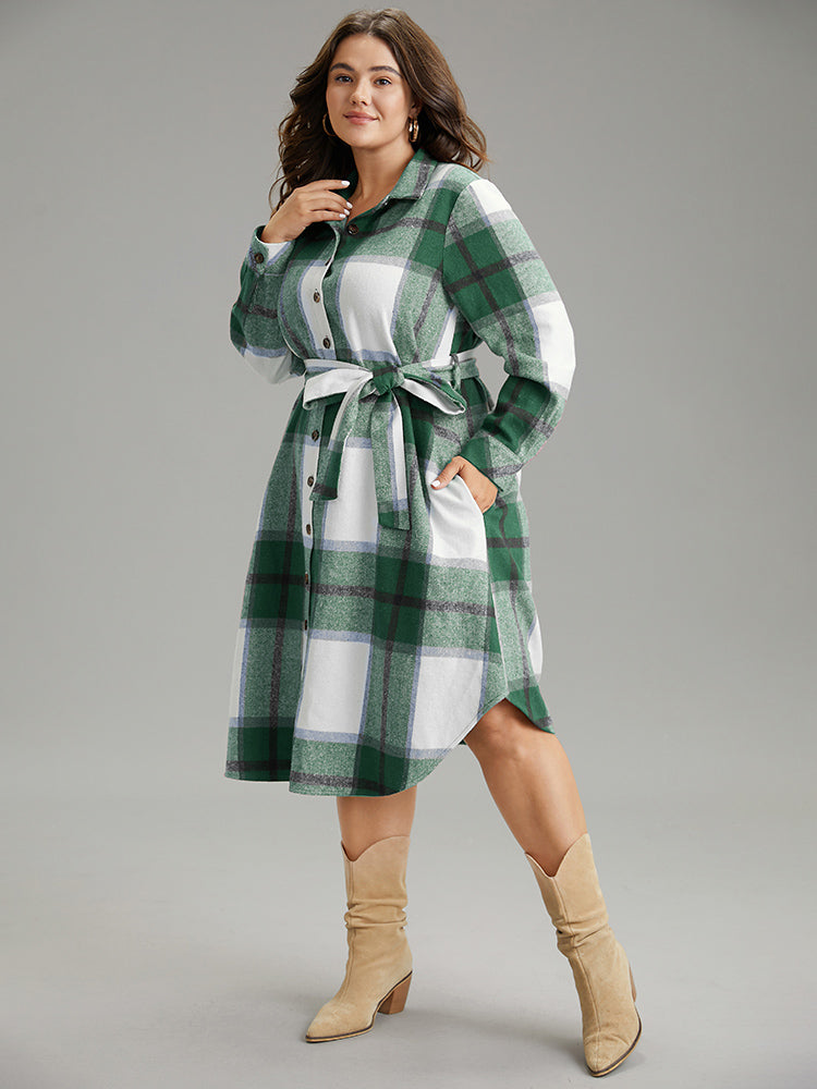 Plaid Shirt Collar Button Through Belted Dress