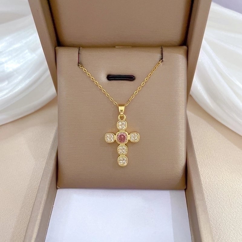 Titanium Steel Copper Exaggerated Plating Inlay Cross Artificial Gemstones Pendant Necklace