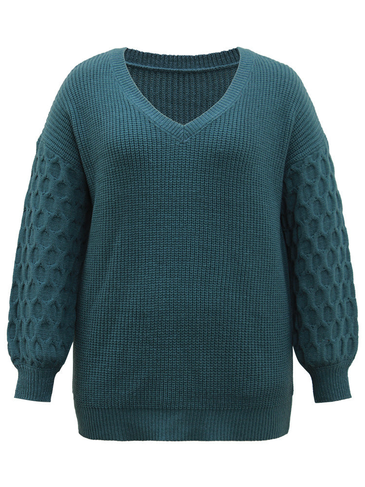 Solid Cable Knit V Neck Drop Shoulder Pullover