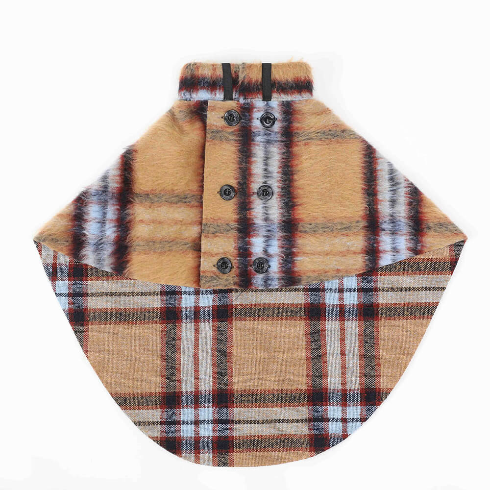 Vintage Plaid Wool With Refined Leather Collar & Button Dog Cape