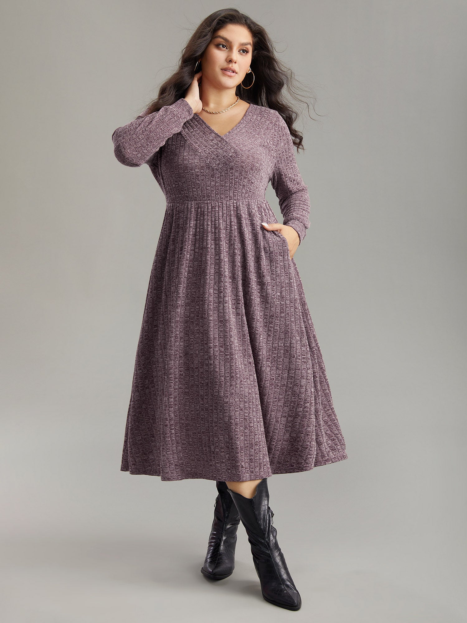 Rib Knit Plain Plisse Long Sleeve Dress