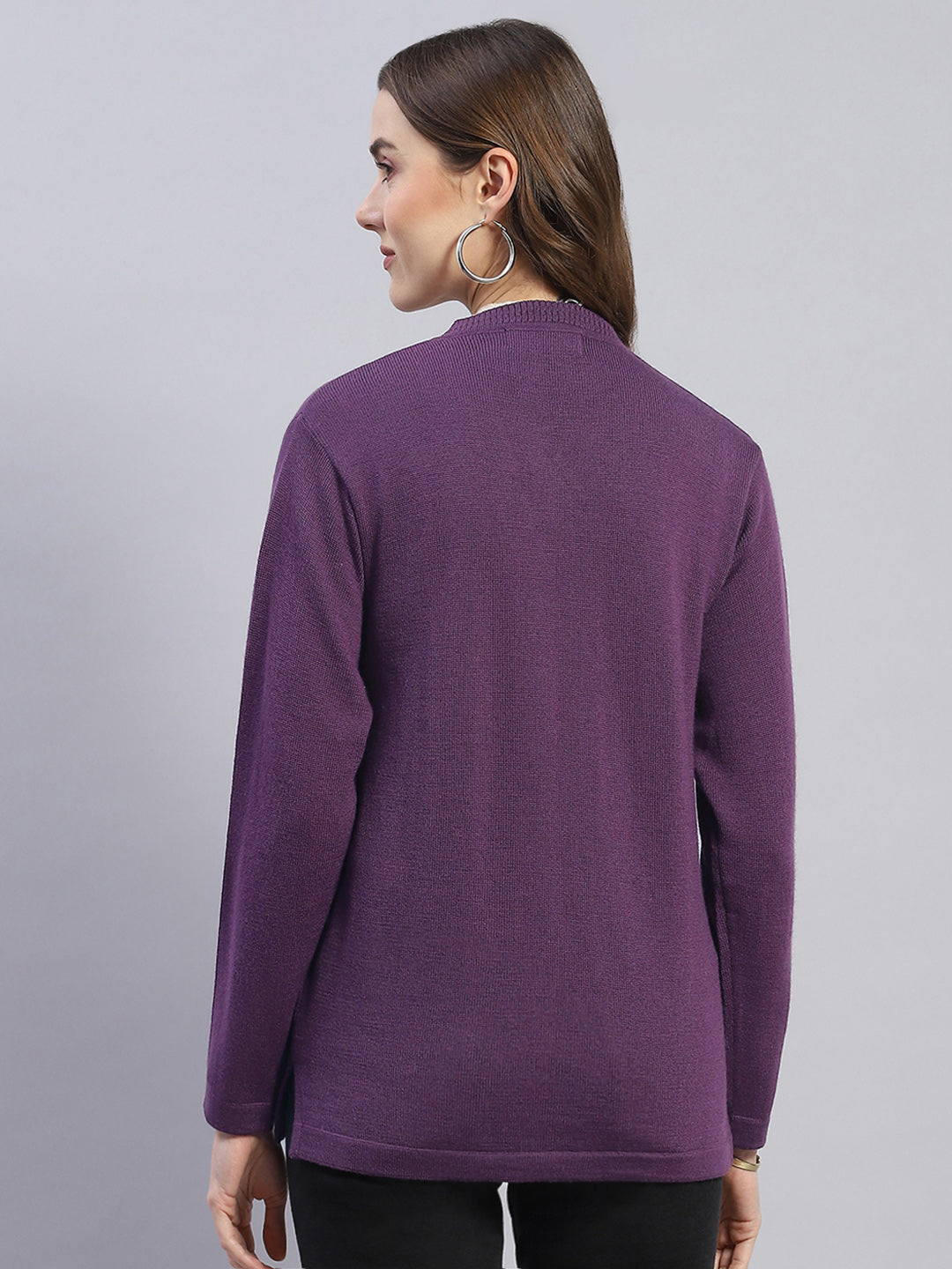 Women Purple Solid V Neck Full Sleeve Cardigan