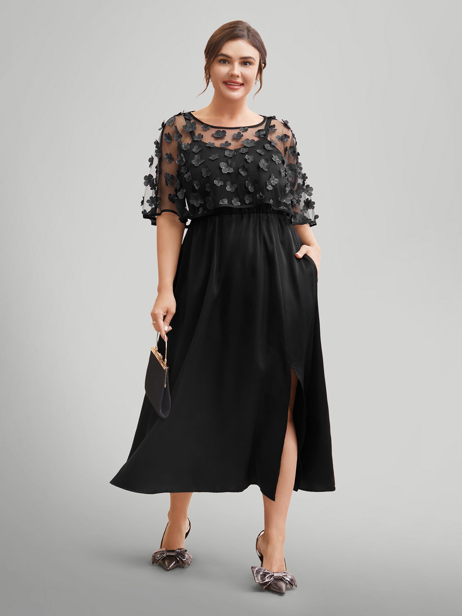 Appliques Mesh Split Hem Dolman Sleeve Dress