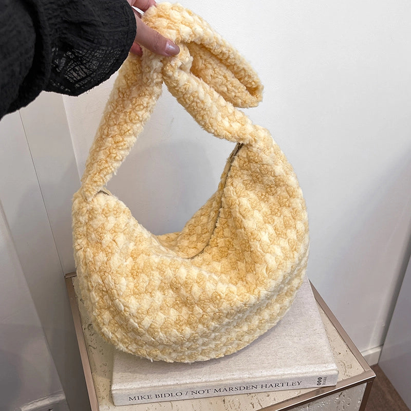 Women's Woolen Plaid Classic Style Dumpling Shape Zipper Shoulder Bag