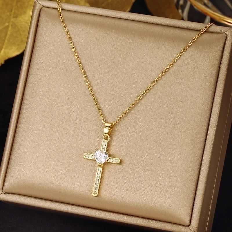 2 Pieces Ethnic Style Cross Stainless Steel Inlay Zircon Pendant Necklace