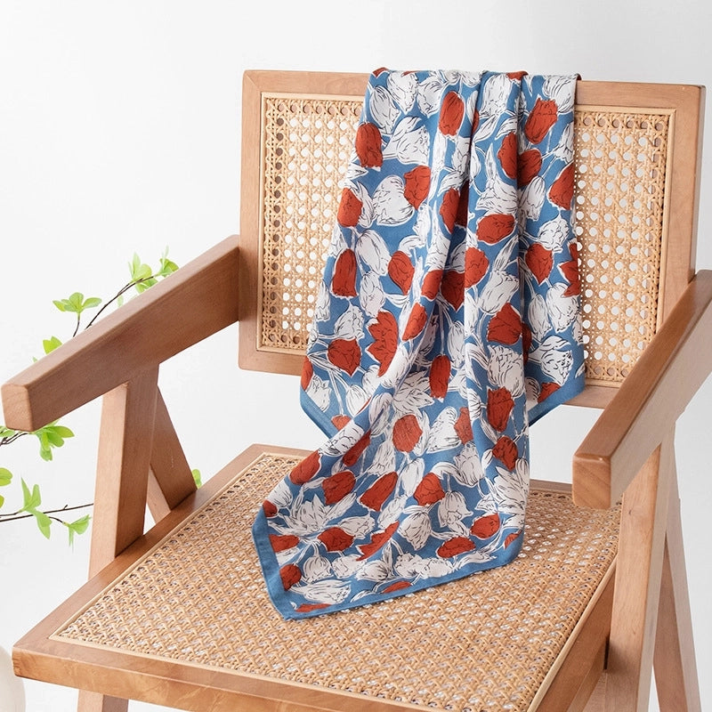 Women's Retro Plaid Flower Satin Silk Scarf