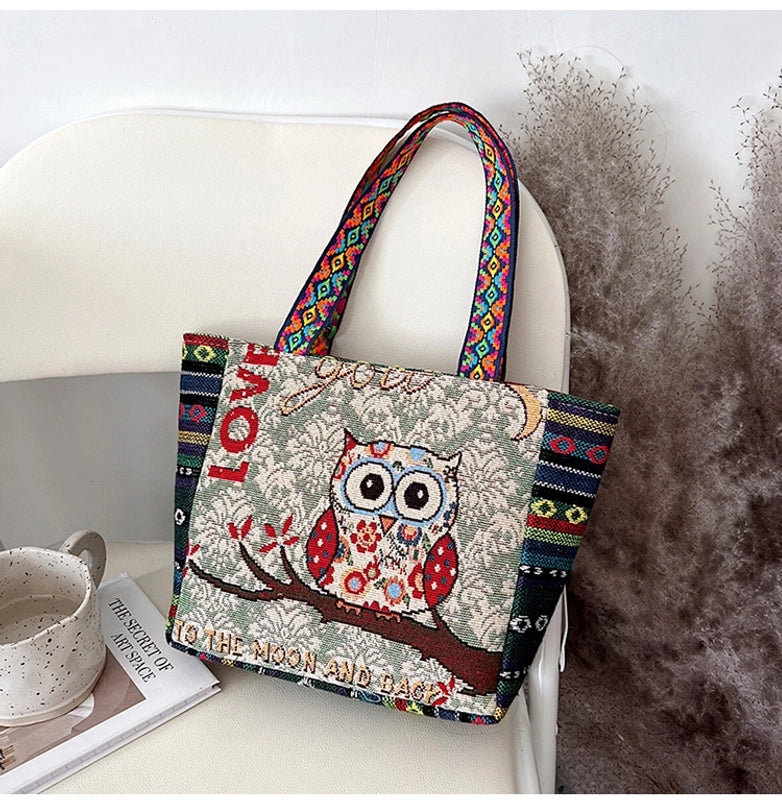 Women's Medium Canvas Animal Vacation Ethnic Style Square Zipper Tote Bag