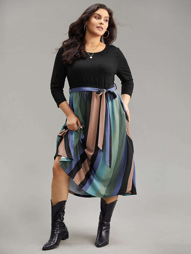 Striped Contrast Patchwork Belted Dress