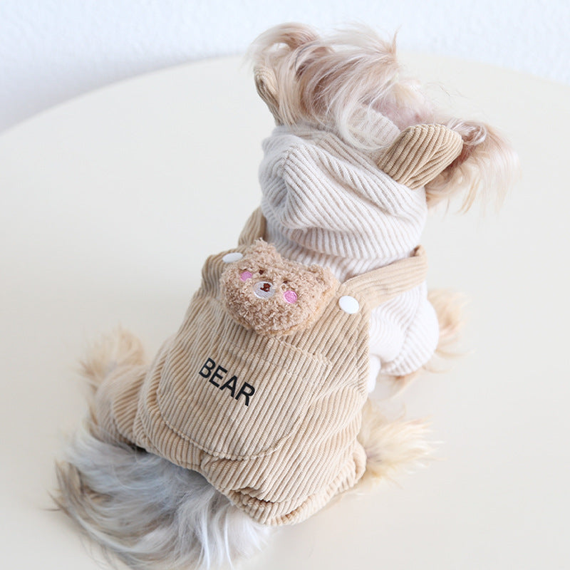 Corduroy Bear Decor Hooded Dog Jumpsuits